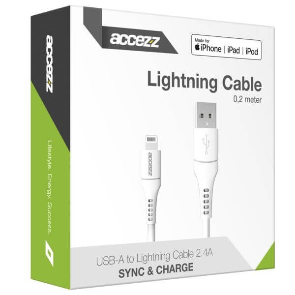 Accezz Lightning naar USB kabel - MFi certificering - 0,2 meter - Wit / Weiß / White