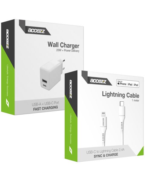 Accezz Wall Charger met Lightning naar USB-C kabel - Oplader - MFi certificering - 20 Watt - 1 meter - Wit / Weiß / White