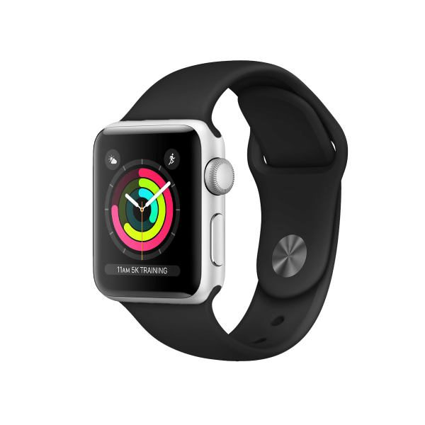 Refurbished Apple Watch Series 3 Boîtier en aluminium de 38 mm Argent avec bracelet sport noir