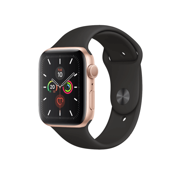 Refurbished Apple Watch Series 5 | 44mm | Boitier Aluminium Or | Bracelet sport noir | GPS | Wi-Fi + 4G