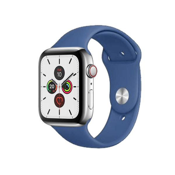 Refurbished Apple Watch Series 5 | 44mm | Boîtier en acier inoxydable Argent | Groupe sportif Delft Blue | GPS | Wi-Fi + 4G