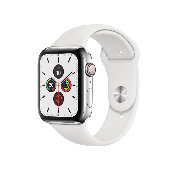 Apple Watch Series 5 | 44mm | Stainless Steel Argent | Bracelet Sport Blanc | GPS | WiFi + 4G