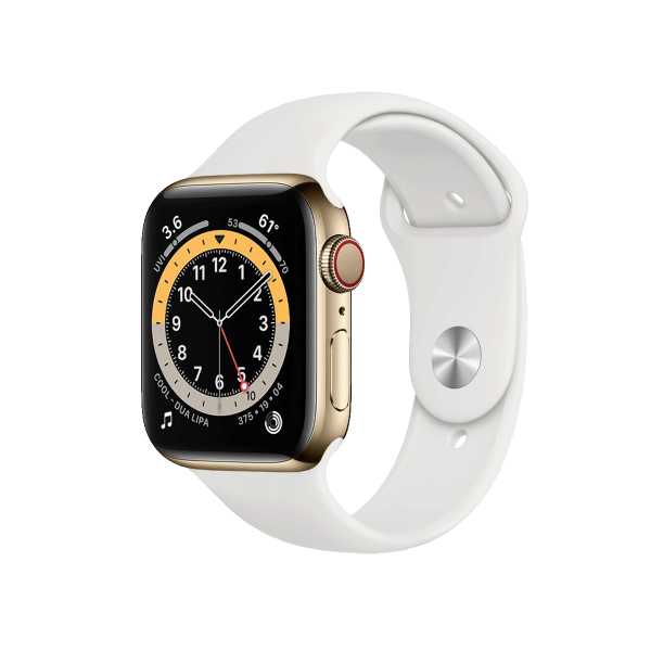 Refurbished Apple Watch Serie 6 | 44mm | Stainless Steel Or | Bracelet Sport Blanc | GPS | WiFi + 4G | W1