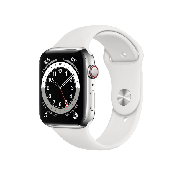 Refurbished Apple Watch Serie 6 | 44mm | Stainless Steel Argent | Bracelet Sport Blanc | GPS | WiFi + 4G | W1