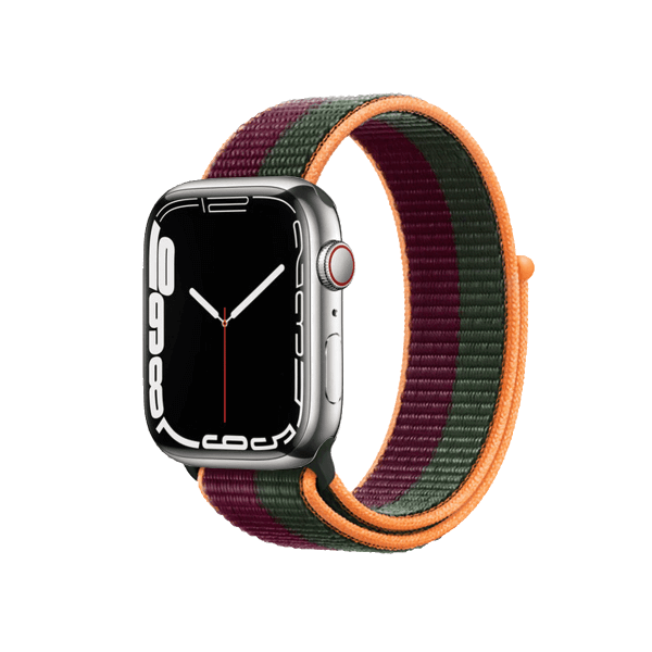 Refurbished Apple Watch Serie 7 | 45mm | Stainless Steel Argent | Bracelet Sport Cerise Fonc&eacute;/Vert For&ecirc;t | GPS | WiFi + 4G