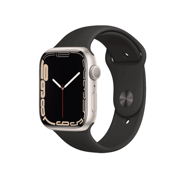 Refurbished Apple Watch Serie 7 | 45mm | Aluminium Starlight Blanc | Bracelet Sport Noir | GPS | WiFi + 4G