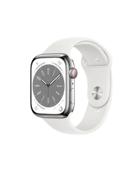 Refurbished Apple Watch Serie 8 | 45mm | Stainless Steel Argent | Bracelet Sport Blanc | GPS | WiFi + 4G