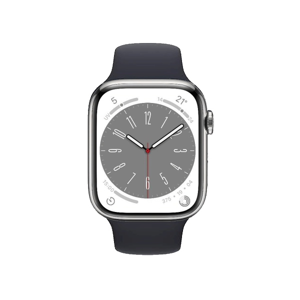 Refurbished Apple Watch Serie 8 | 45mm | Stainless Steel Argent | Bracelet Sport Noir | GPS | WiFi + 4G