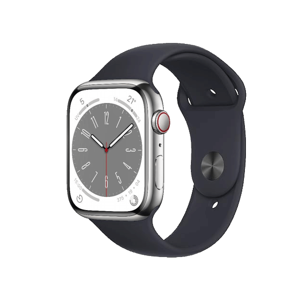 Refurbished Apple Watch Serie 8 | 45mm | Stainless Steel Argent | Bracelet Sport Noir | GPS | WiFi + 4G